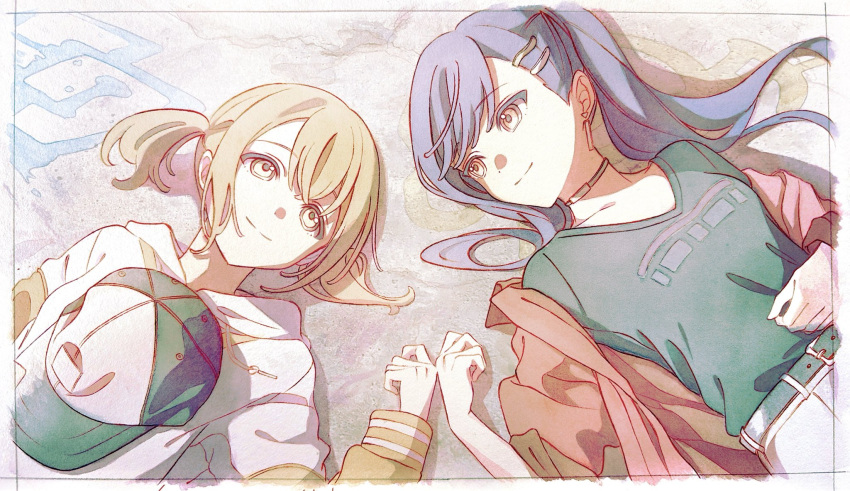 2girls, azusawa_kohane, baseball_cap, blonde_hair, blue_hair, closed_mouth, hat, high_ponytail