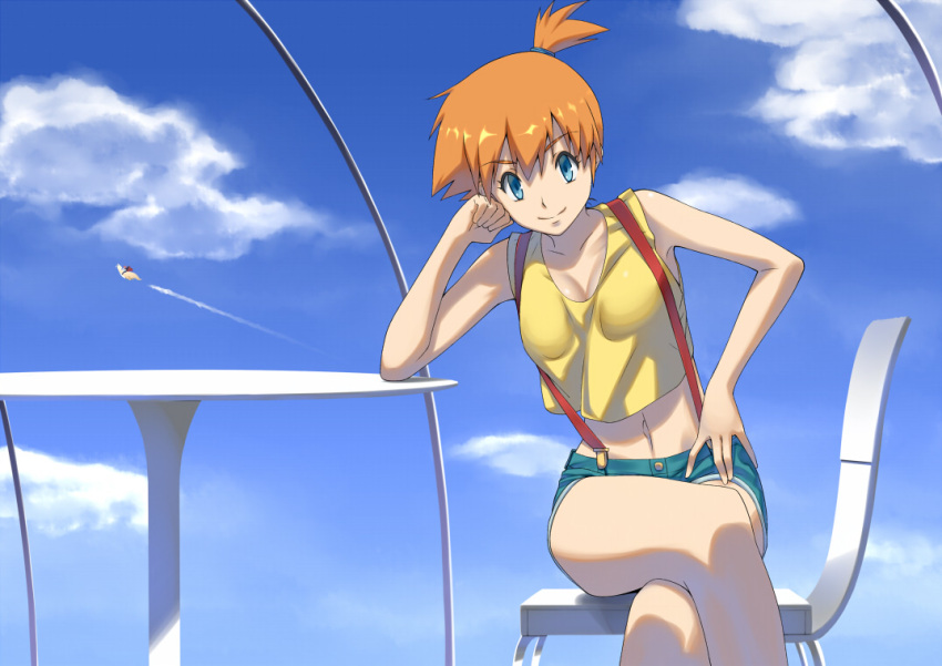 biwa_(kt), breasts, chair, cleavage, clouds, crossed_legs, denim, denim_shorts