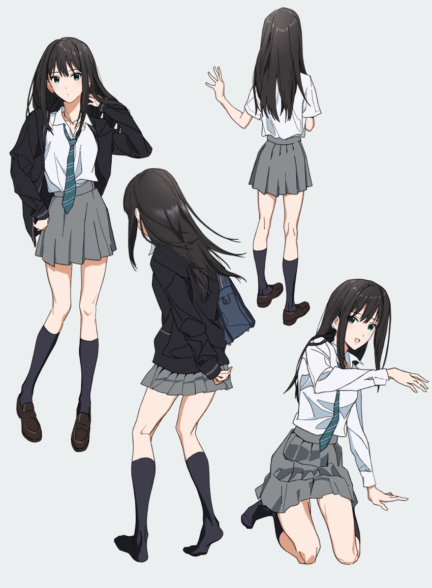 1girl, absurdres, black_cardigan, black_hair, black_socks, bloom_into_me15, brown_footwear, cardigan