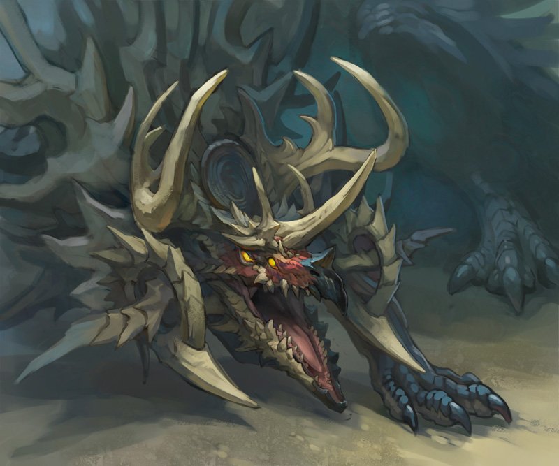 animal_focus, antlers, claws, curled_horns, dragon, extra_eyes, horns, mixed_horns