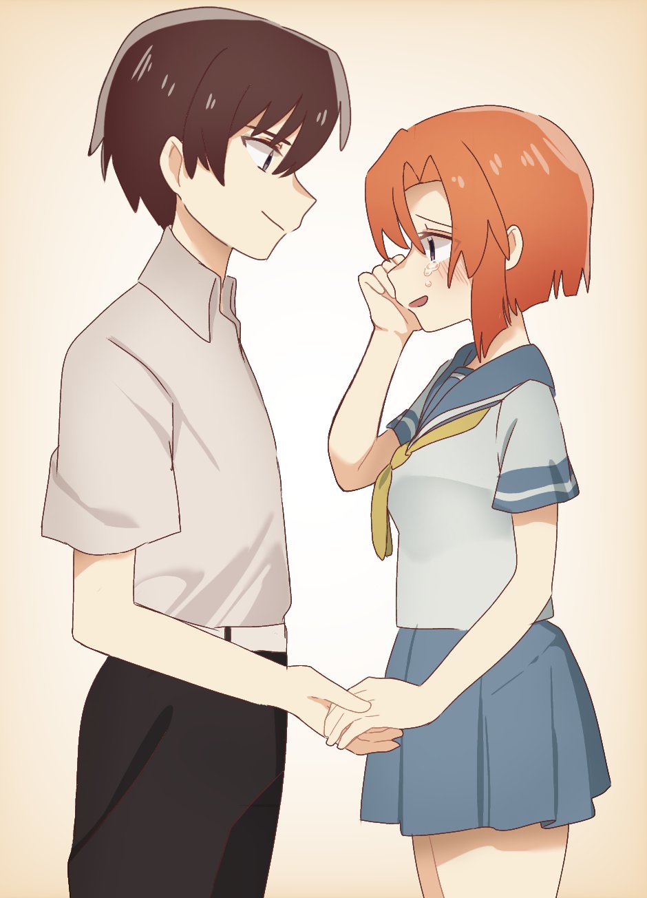 1boy, 1girl, 6npnmcuvsauiemp, black_eyes, blue_eyes, brown_hair, denim, dress