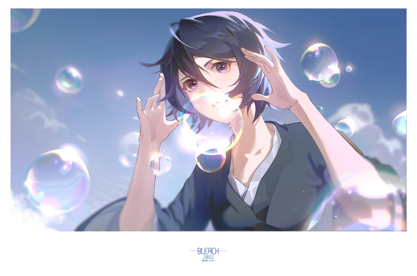 1girl, 2022, artist_name, black_hair, black_kimono, bleach, blowing_bubbles, blue_sleeves