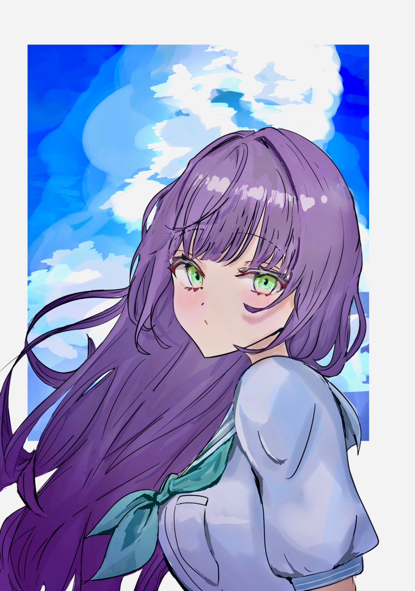 1girl, absurdres, aqua_neckerchief, blue_dress, blue_sky, blush, border, breast_pocket
