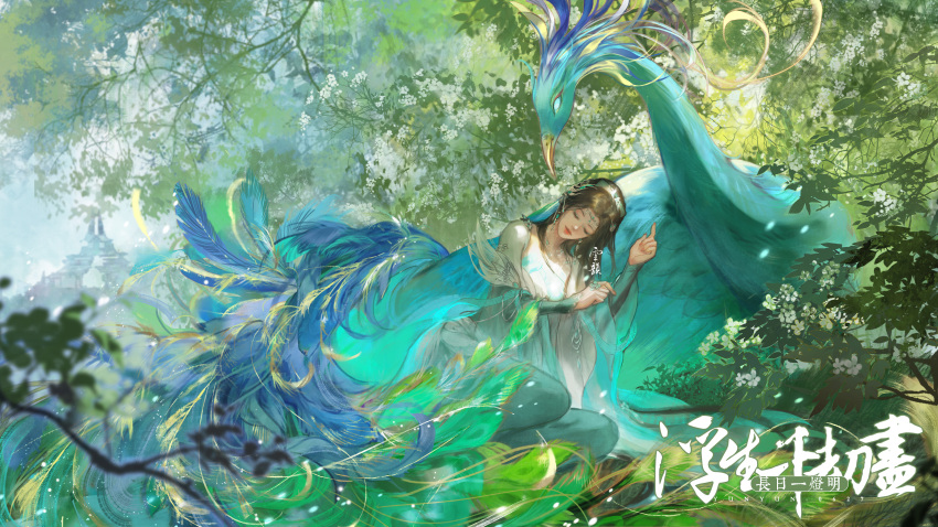 1girl, absurdres, bird, branch, brown_hair, building, circlet, closed_eyes, closed_mouth, clouds, cloudy_sky, doupo_cangqiong, dress, forest, grass, green_dress, hair_ornament, highres, leaning_to_the_side, long_hair, long_sleeves, nature, phoenix, second-party_source, sitting, sky, sleeping, thigh-highs, yun_yun_(doupo_cangqiong), zacao_tong