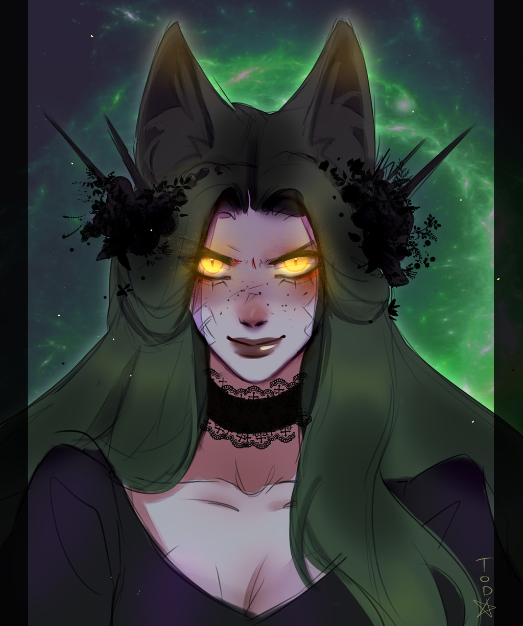 1girl, animal_ears, art_trade, aura, bandaid, bandaid_on_face, black_choker, black_dress, black_flower, black_lips, blue_eyes, blush, breasts, choker, collarbone, copyright_request, dress, elizedewe, flower, fox_ears, freckles, glaring, glowing, green_background, green_hair, highres, light_smile, long_hair, looking_at_viewer, nose, nose_blush, pale_skin, pointy_ears, portrait, slit_pupils, yellow_eyes