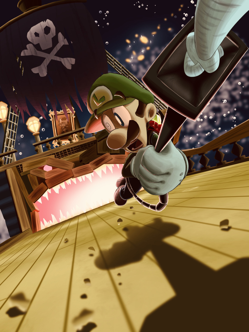 absurdres, facial_hair, gloves, green_hat, hanging, hat, highres, looking_down