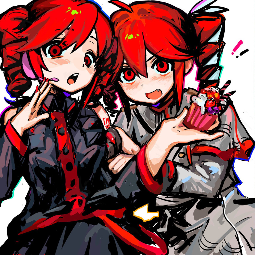 !, !!, 2girls, ahoge, black_sleeves, bow, buttons, cupcake