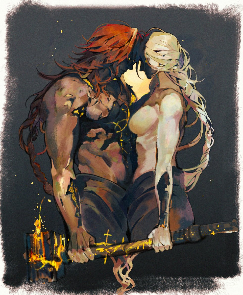 1boy, 1girl, bare_shoulders, black_sarong, blonde_hair, braid, breasts, elden_ring, gold_aura, hammer, heads_together, holding, holding_hammer, ht7145394, husband_and_wife, king, long_braid, long_hair, looking_at_another, muscular, muscular_male, queen, queen_marika_the_eternal, radagon_of_the_golden_order, redhead, robe, sarong, single_braid, topless_male, yellow_eyes