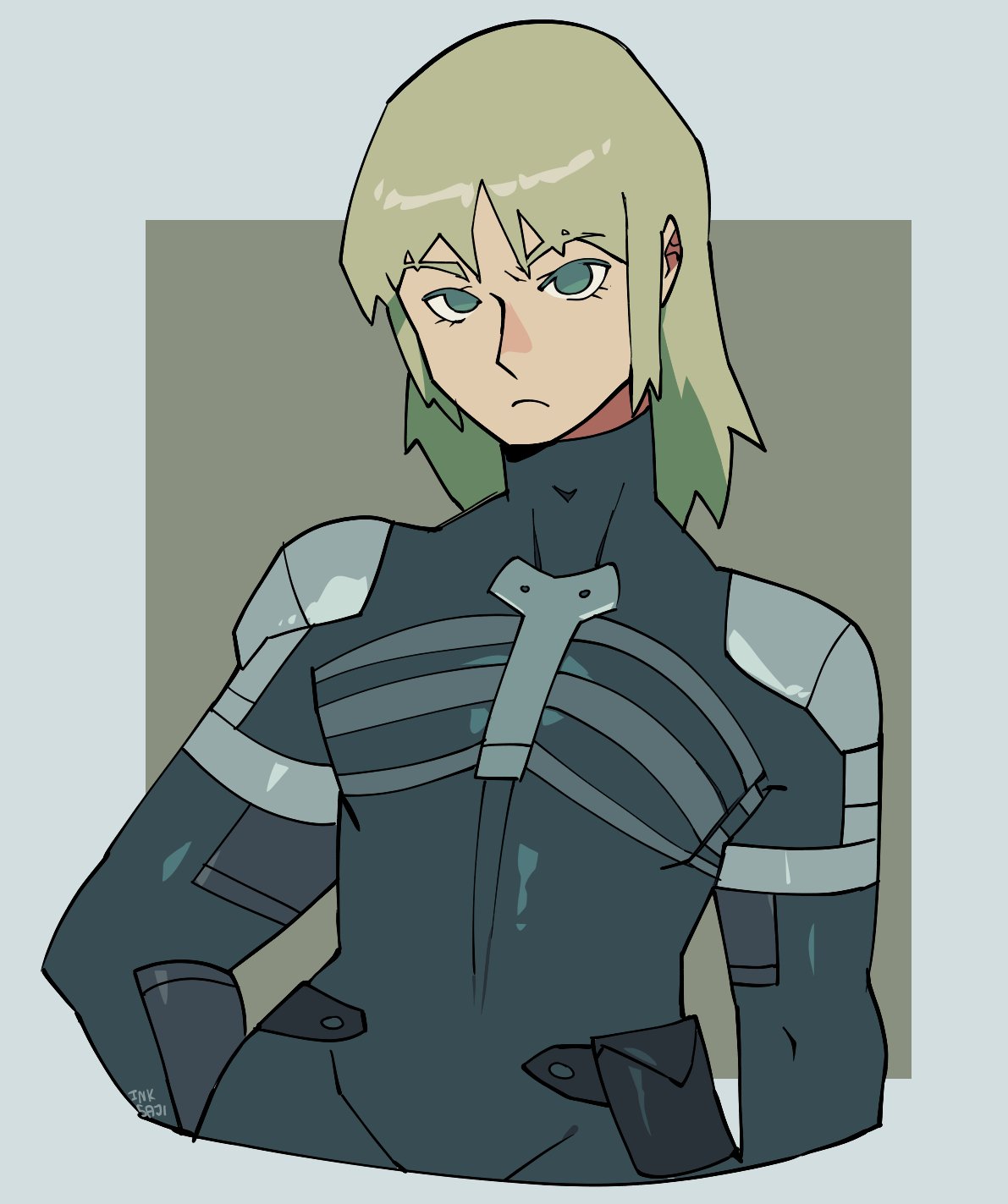 1boy, black_bodysuit, blonde_hair, blue_eyes, bodysuit, cowboy_shot, eyelashes, frown