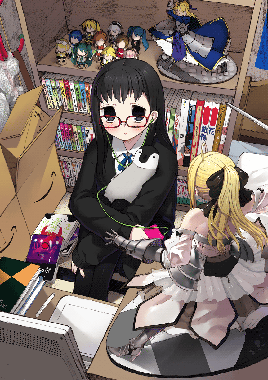 amazon_(company), bird, black_eyes, black_hair, bookshelf, computer, earphones, emperor_penguin