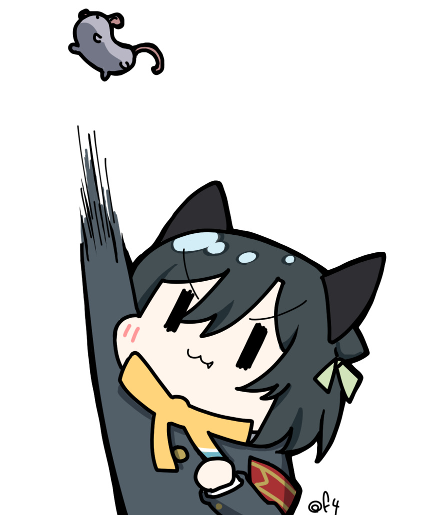 1girl, :3, animal_ears, armband, black_hair, black_jacket, blazer, buttons, cat_ears, cat_girl, closed_mouth, commentary_request, deformed, fang, fang_out, green_ribbon, hair_ribbon, highres, jacket, kasumin_2-gou, kemonomimi_mode, long_sleeves, love_live!, love_live!_nijigasaki_high_school_idol_club, mifune_shioriko, neck_ribbon, nijigasaki_school_uniform, nijiyon, oofushi_ao, red_armband, ribbon, school_uniform, shirt, short_hair, signature, simple_background, smear_frame, swept_bangs, toy_mouse, upper_body, v-shaped_eyebrows, white_background, white_shirt, winter_uniform, yellow_ribbon, |_|