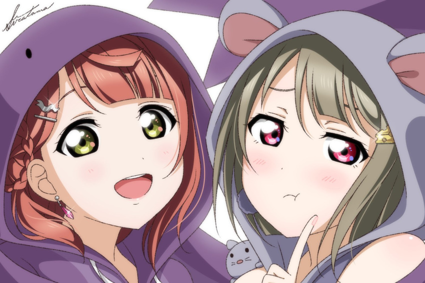 2girls, :d, :t, animal_hood, animal_on_shoulder, artist_name, blunt_bangs, bob_cut
