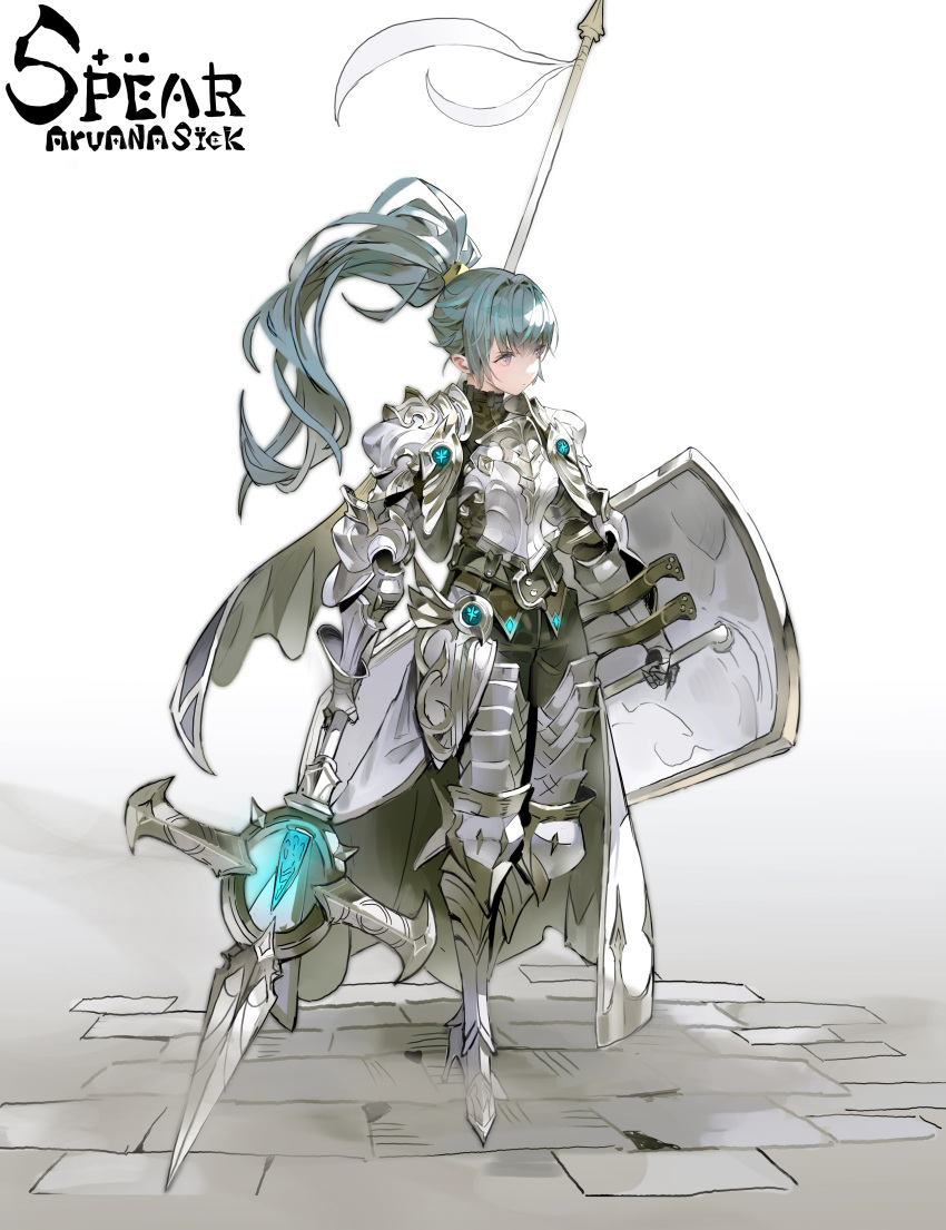1girl, absurdres, armor, armored_boots, arowana2111, blue_hair, boots, breastplate