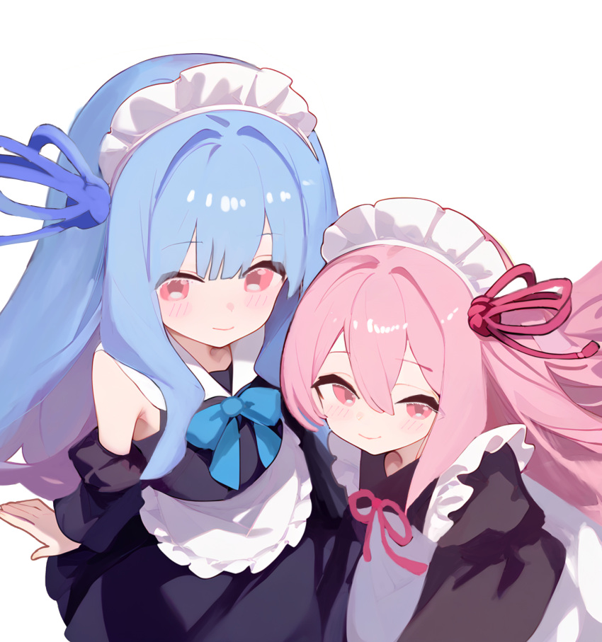 2girls, apron, blue_bow, blue_dress, blue_hair, blue_ribbon, blunt_bangs, blush, bow, bowtie, brown_dress, brown_sleeves, commentary, detached_sleeves, dress, hair_ornament, hair_ribbon, highres, kotonoha_akane, kotonoha_aoi, laceys_es, long_hair, long_sleeves, looking_at_viewer, maid, maid_apron, maid_headdress, multiple_girls, pink_eyes, pink_hair, puffy_sleeves, red_ribbon, ribbon, sailor_collar, siblings, sidelocks, simple_background, sisters, sitting, smile, upper_body, voiceroid, white_background, white_sailor_collar