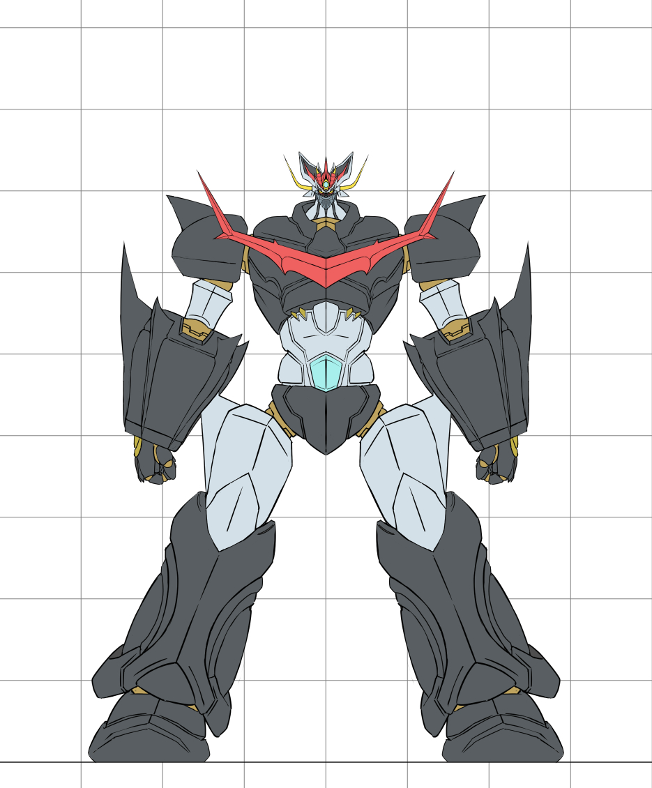 clenched_hands, full_body, great_mazinkaiser, horns, looking_at_viewer, mazinger_(series), mecha, mobuseibihei