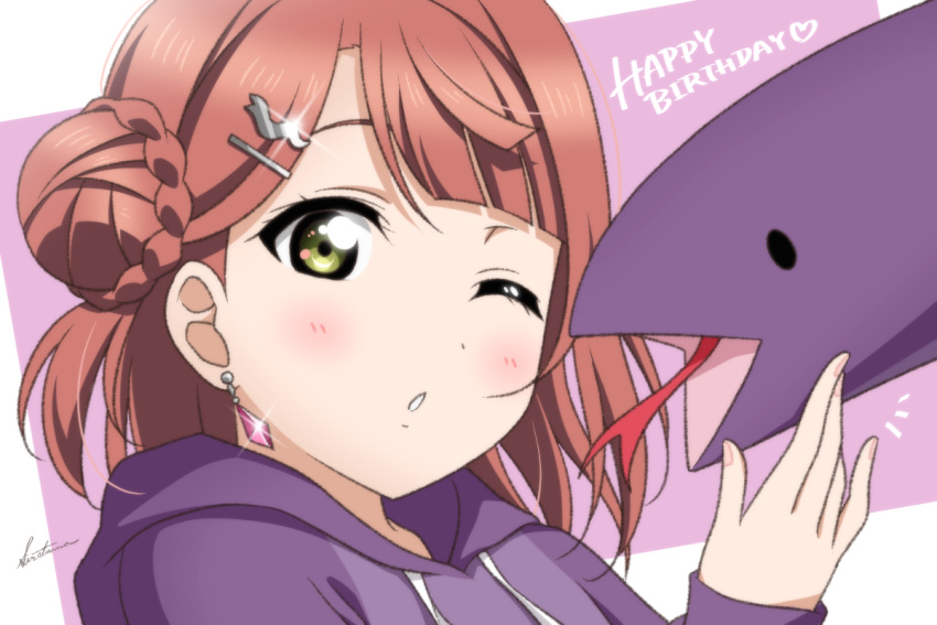 1girl, ;o, artist_name, blunt_bangs, braid, braided_bun, chestnut_mouth, commentary
