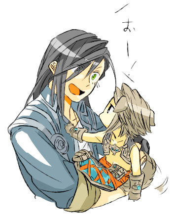 2boys, aged_down, animal_ears, black_hair, blue_jacket, blue_pants, brown_gloves, brown_hair