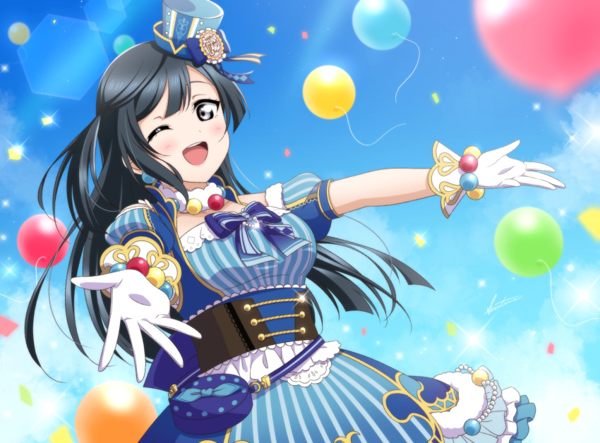 1girl, ;d, artist_name, balloon, black_corset, black_hair, blue_bag, blue_bow, blue_bowtie, blue_dress, blue_hat, blue_sky, bow, bowtie, breasts, collarbone, commentary, corset, cowboy_shot, dream_land!_dream_world!, dress, frilled_dress, frills, gloves, grey_eyes, group_name, hat, highres, long_hair, looking_at_viewer, love_live!, love_live!_nijigasaki_high_school_idol_club, medium_breasts, mini_hat, one_eye_closed, one_side_up, open_mouth, outstretched_arms, pouch, puffy_short_sleeves, puffy_sleeves, shiratama_(siratama_ll), short_sleeves, signature, single_sidelock, sky, smile, solo, striped_clothes, striped_dress, swept_bangs, teeth, underbust, upper_teeth_only, vertical-striped_clothes, vertical-striped_dress, white_gloves, yuki_setsuna_(love_live!)