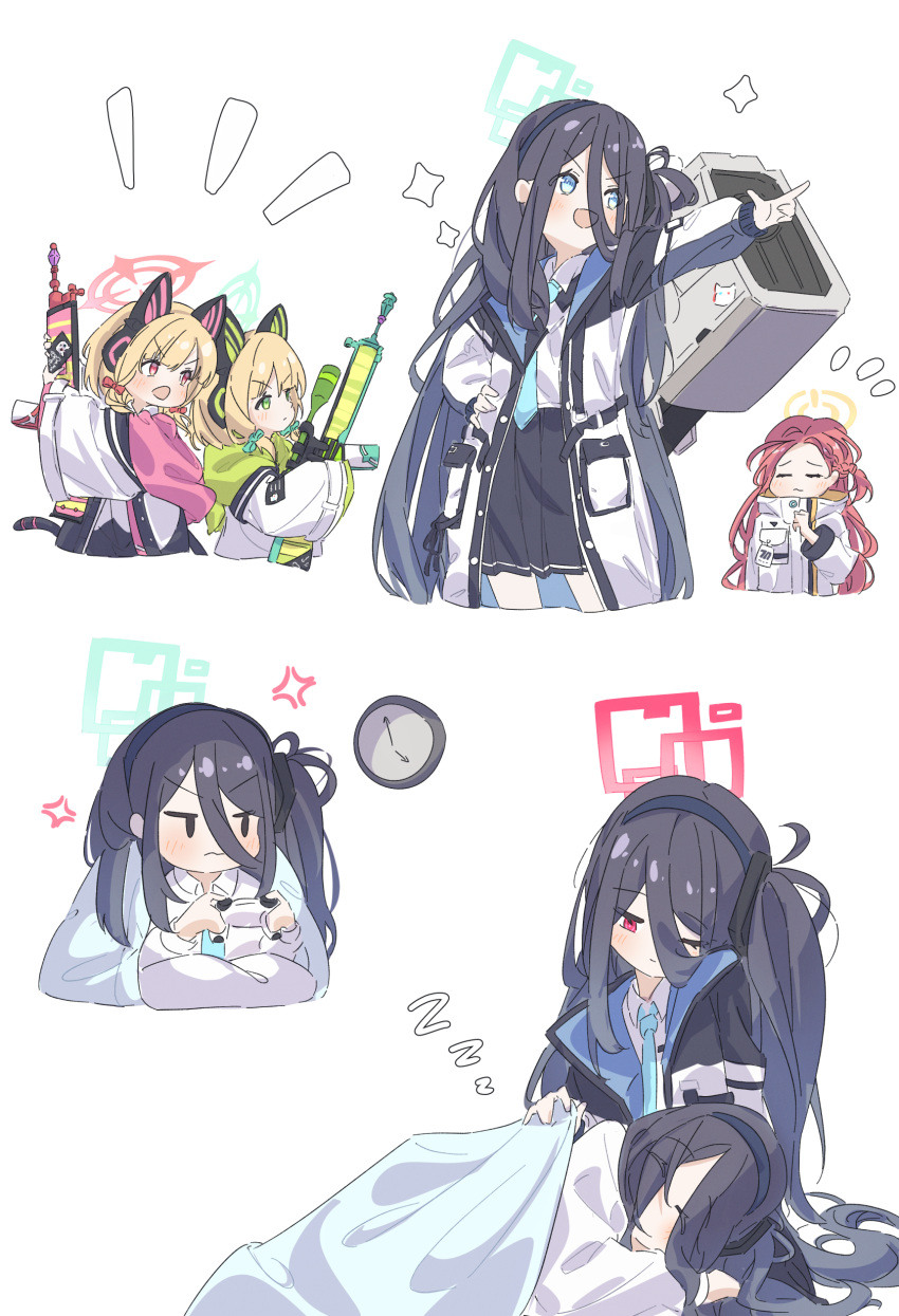 <key>_(blue_archive), 5girls, absurdres, anger_vein, angry, animal_ear_headphones, animal_ears, aqua_halo