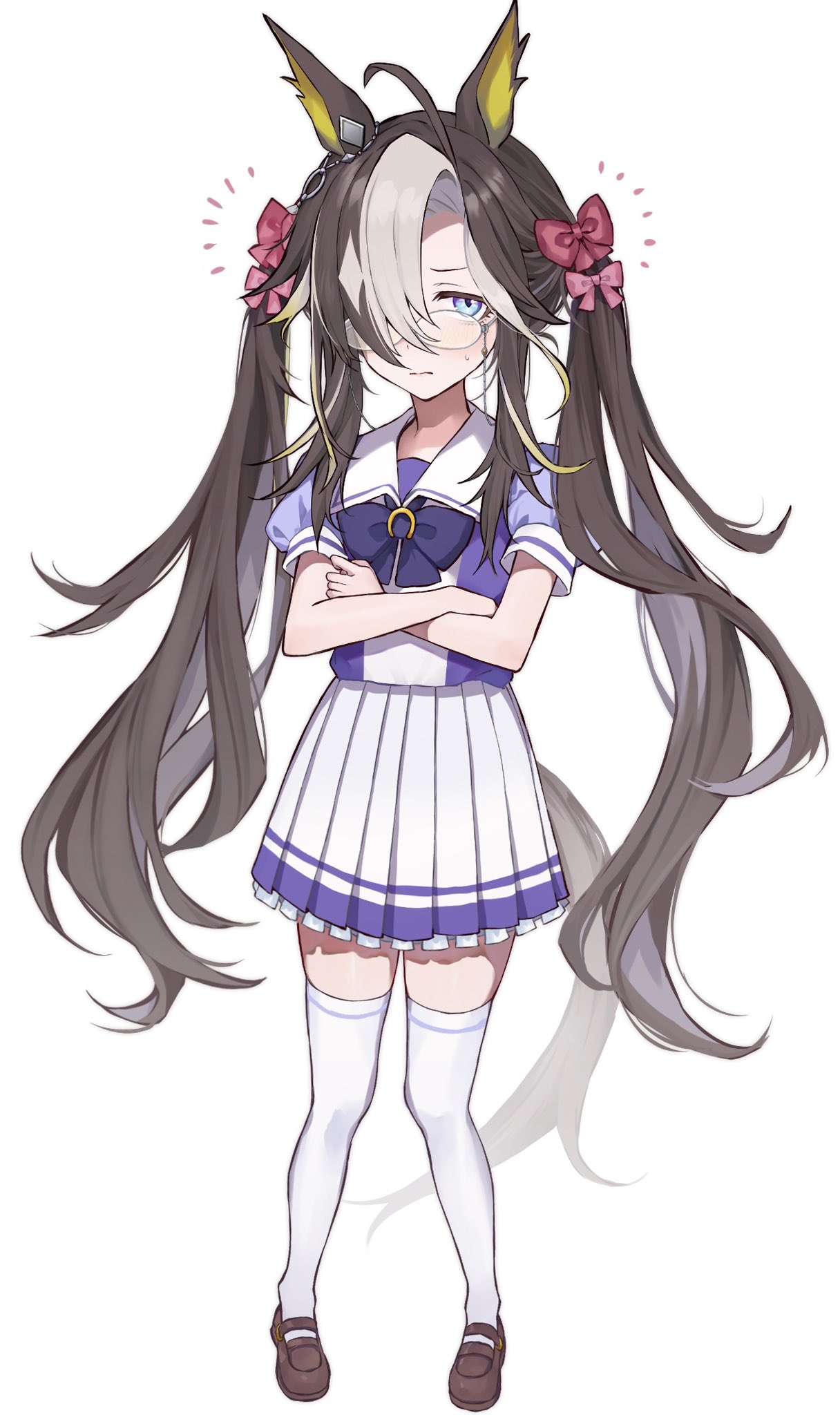 1girl, ahoge, alternate_hairstyle, blue_eyes, blush, crossed_arms, dream_journey_(umamusume), full_body