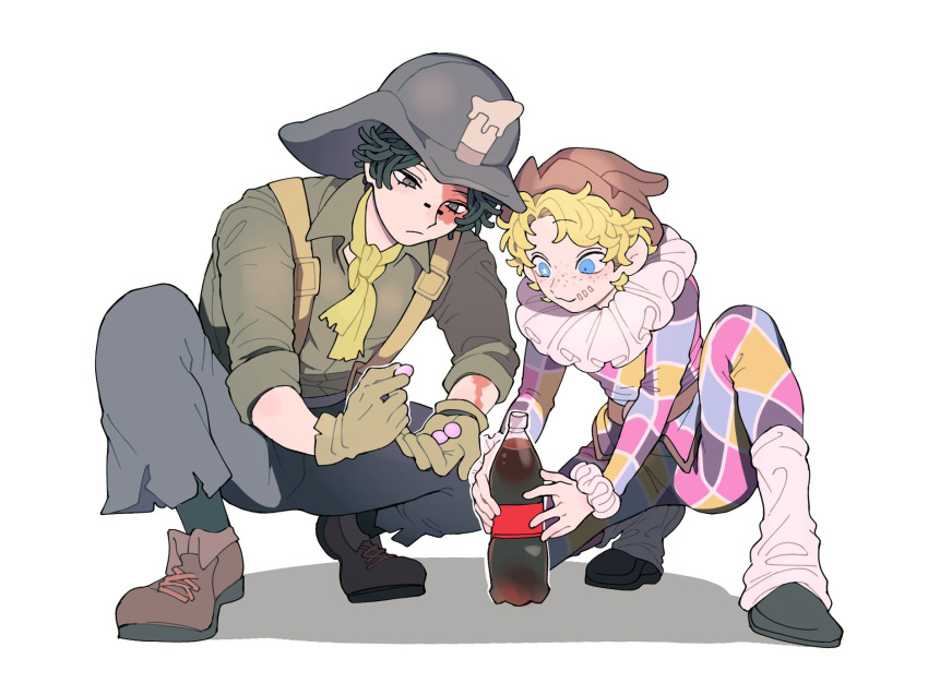 2boys, :3, belt, black_footwear, black_hair, blonde_hair, blue_eyes, bridge_piercing, brown_belt, brown_footwear, brown_hat, candy, closed_mouth, commentary, curtained_hair, diet_coke_and_mentos_(meme), food, foreshortening, full_body, gloves, green_gloves, green_neckerchief, green_socks, grey_eyes, grey_pants, grey_shirt, hat, helmet, highres, holding, holding_candy, holding_food, identity_v, invisible_floor, knee_up, light_frown, long_sleeves, looking_at_object, looking_down, male_focus, meme, mentos, mike_morton, multicolored_pants, multicolored_shirt, multiple_boys, neckerchief, norton_campbell, pants, shadow, shirt, shoes, side-by-side, sleeves_past_elbows, socks, soda_bottle, squatting, stitched_mouth, stitches, three_quarter_view, tsuntenponten, white_background, white_leg_warmers