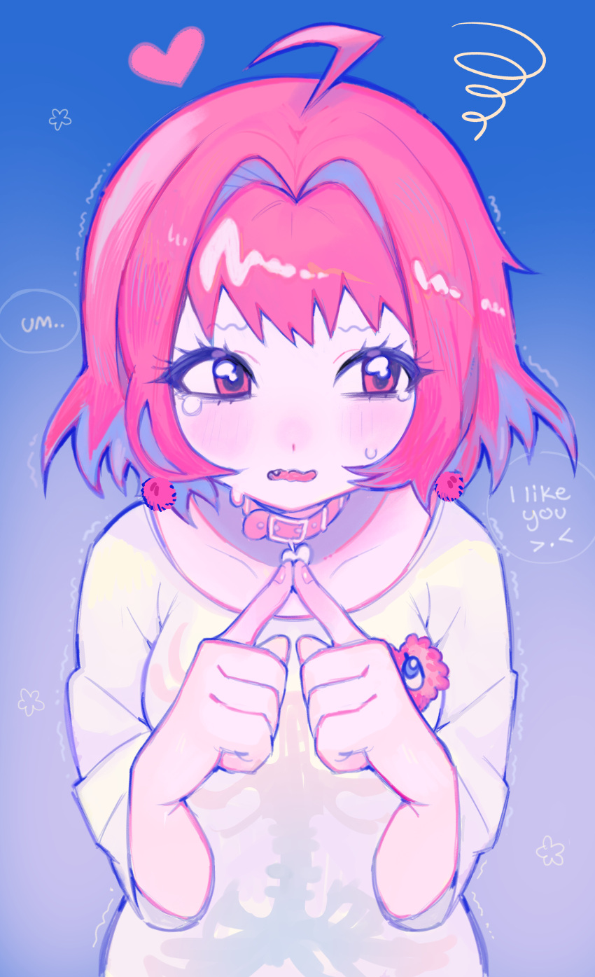 1girl, absurdres, ahoge, belt, belt_collar, blue_background, blush, choker
