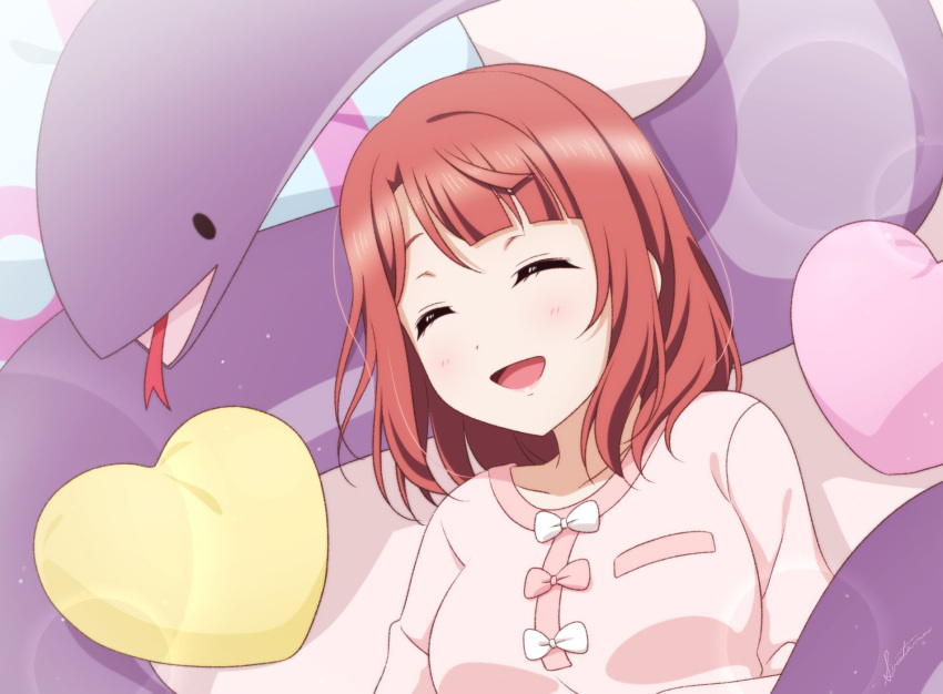 1girl, ^_^, animal, artist_name, blunt_bangs, bow, breast_pocket, breasts, closed_eyes, commentary, heart, heart-shaped_pillow, highres, light_blush, light_particles, long_sleeves, love_live!, love_live!_nijigasaki_high_school_idol_club, lying, medium_breasts, on_back, open_mouth, orange_hair, oversized_animal, pillow, pink_shirt, pocket, sasuke_(love_live!), shiratama_(siratama_ll), shirt, shirt_bow, signature, smile, snake, solid_oval_eyes, split_mouth, swept_bangs, uehara_ayumu