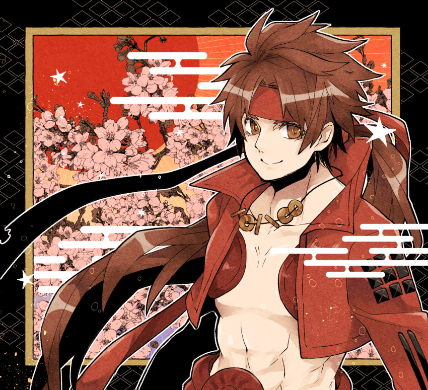 1boy, brown_eyes, brown_hair, cherry_blossoms, cropped_jacket, crtr_melco, headband, jacket
