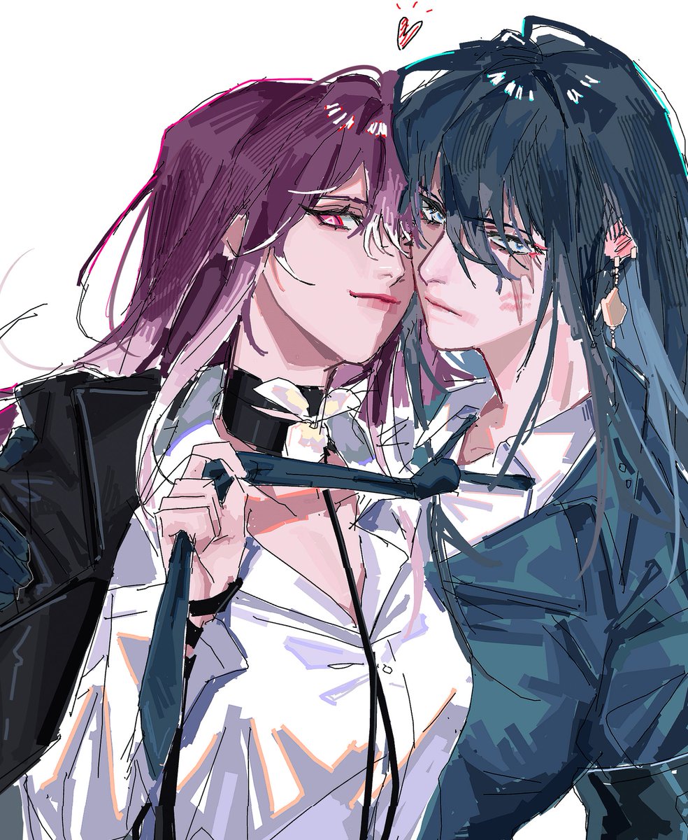 2girls, black_coat, black_necktie, closed_mouth, coat, coat_on_shoulders, collared_shirt, commentary