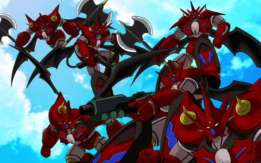absurdres, arm_blade, armor, axe, ayachu_(getter_robo_artist), battle_axe, black_armor, black_wings, blue_sky, blue_stripes, circular_saw, clenched_hand, clenched_hands, clouds, cloudy_sky, dual_wielding, flying, getter_robo, getter_robo_arc, getter_robo_d2, gun, highres, holding, holding_axe, holding_gun, holding_weapon, humanoid_robot, joints, mecha, mechanical_wings, multicolored_armor, multiple_others, red_armor, robot, robot_joints, saw, shoulder_armor, shoulder_spikes, sky, spikes, super_robot, weapon, white_armor, wings, yellow_eyes