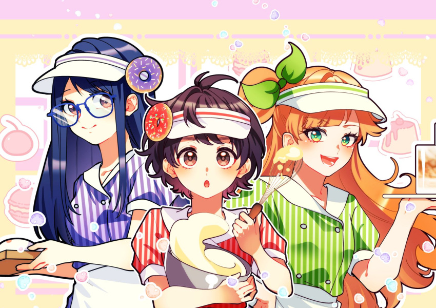 3girls, apron, blue-framed_eyewear, bow, brown_eyes, buttons, closed_mouth, commentary_request