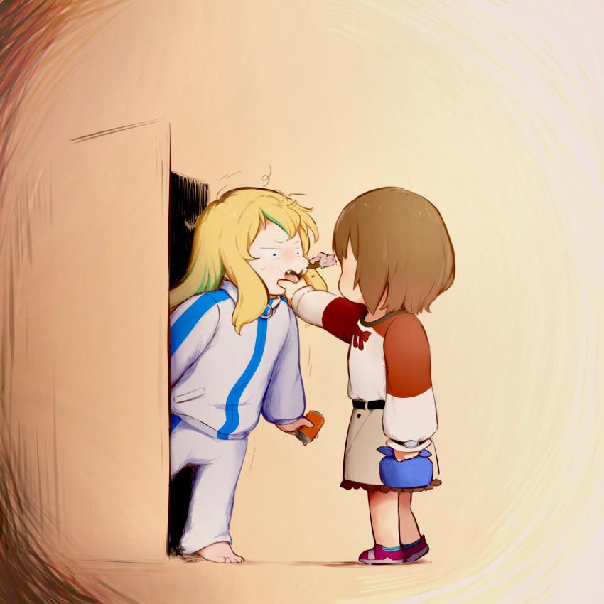 2girls, absurdres, blonde_hair, blue_eyes, blush, brown_hair, brown_skirt, cheek_pinching