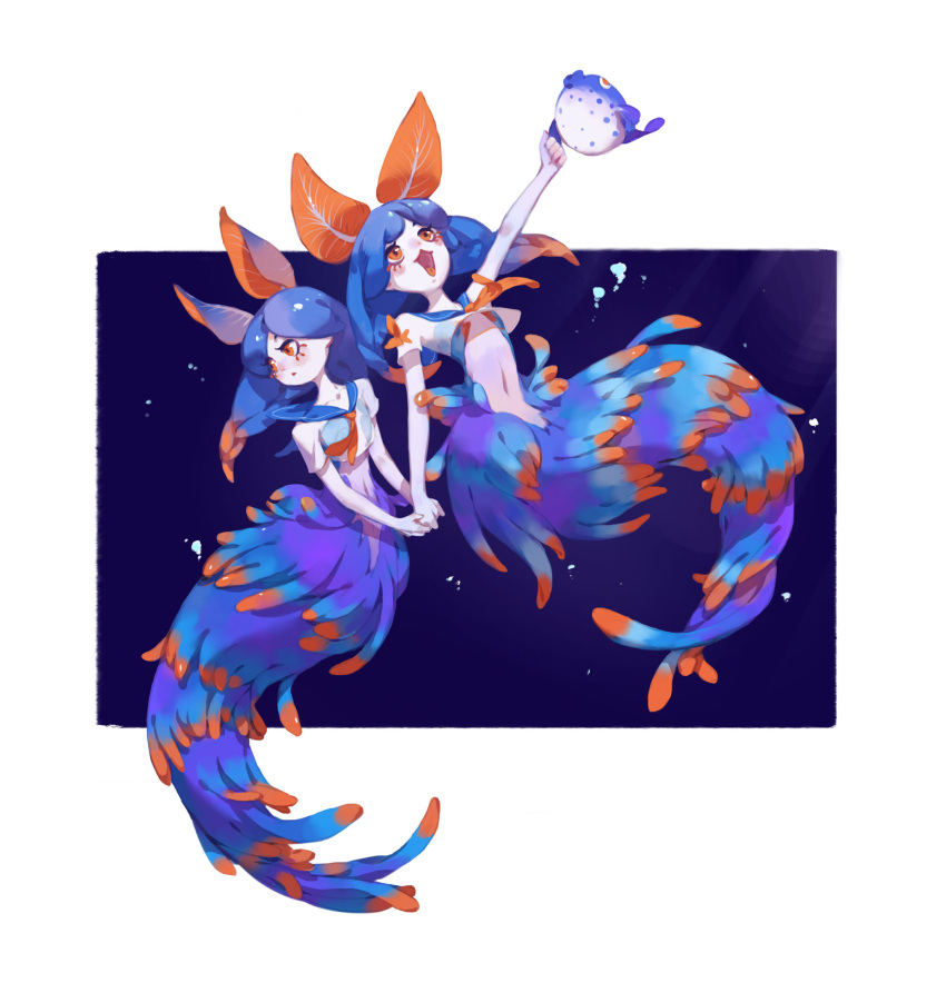 2girls, :3, arm_up, blue_hair, border, braid, bubble, clone