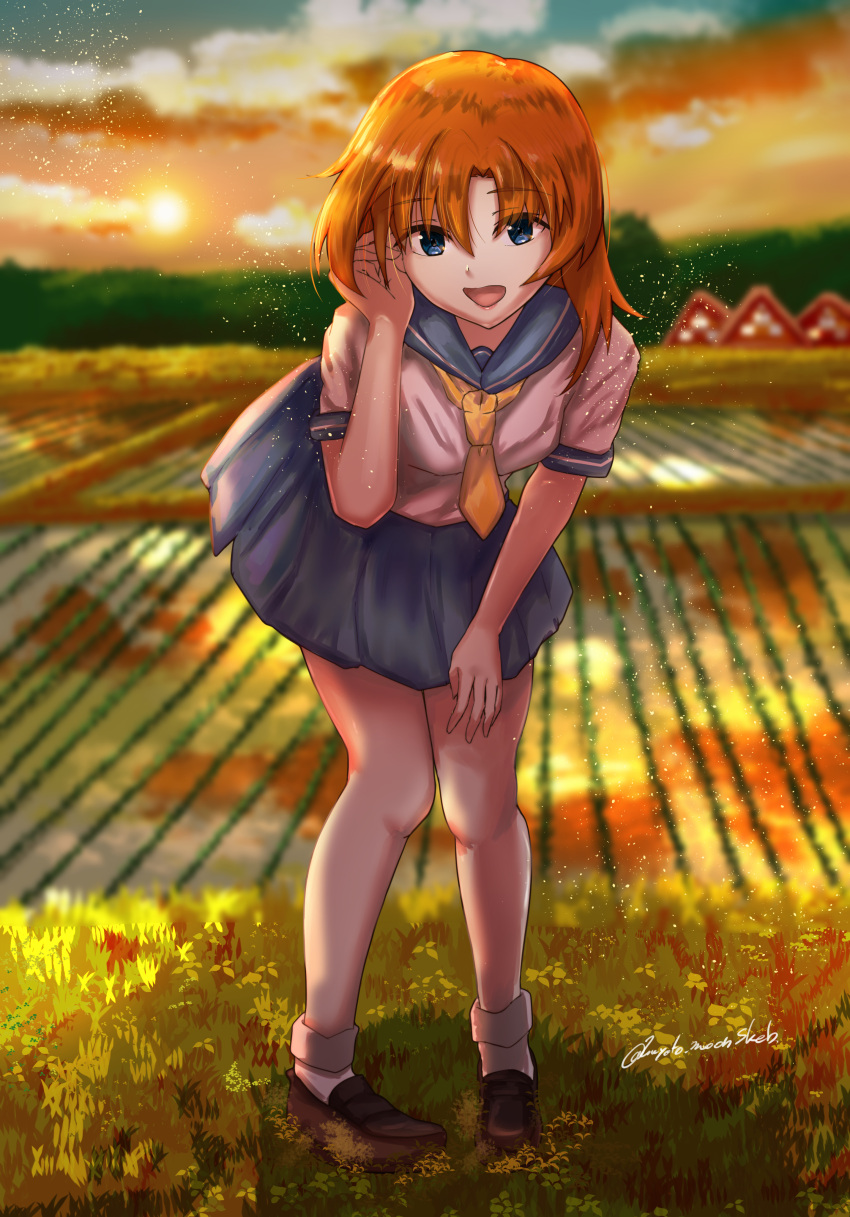 absurdres, bare_legs, blue_eyes, blue_sailor_collar, brown_hair, highres, higurashi_no_naku_koro_ni, ikecchi_(hayato_moon), open_mouth, ryuuguu_rena, sailor_collar, village