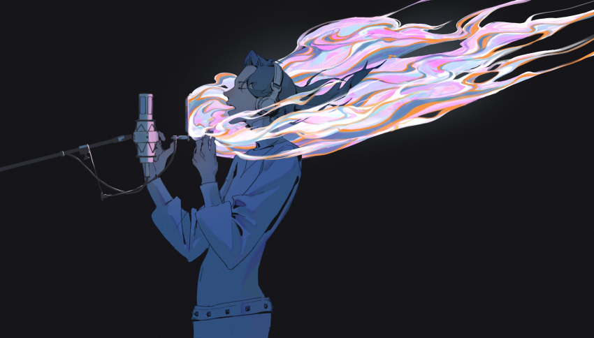1other, abstract, absurdres, belt, black_background, closed_eyes, colored_smoke, covered_navel