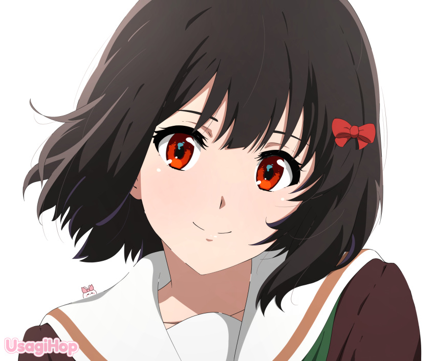 1girl, black_hair, bow, brown_serafuku, closed_mouth, green_neckerchief, hair_bow, head_tilt