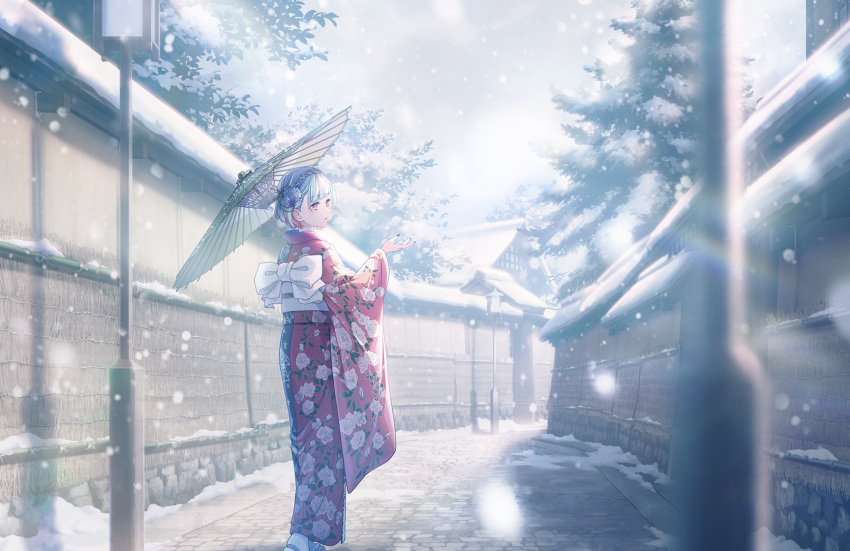 1girl, black_kimono, blue_nails, blurry, blurry_foreground, braid, colored_inner_hair, crown_braid