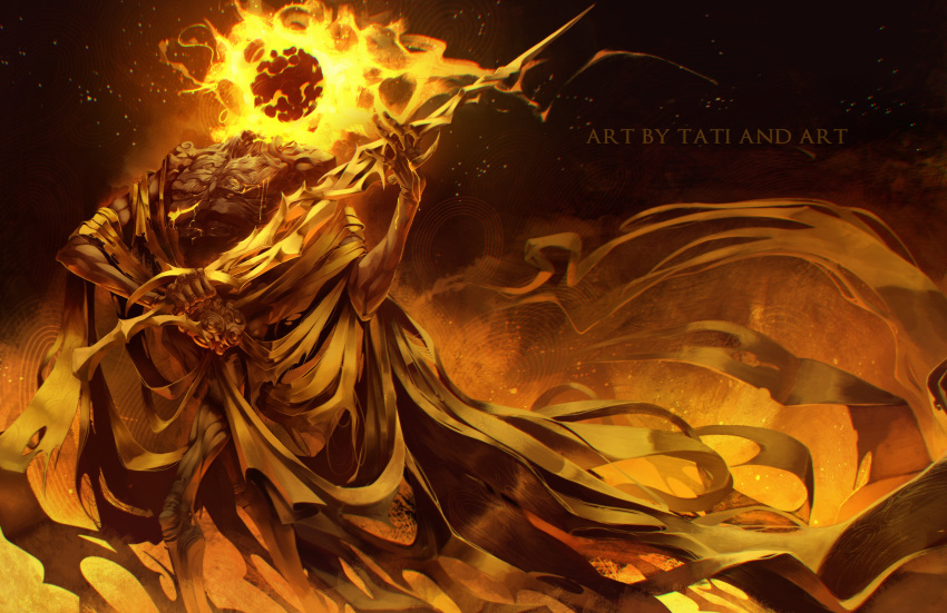 1boy, absurdres, elden_ring, elden_ring:_shadow_of_the_erdtree, fire, flaming_head, highres, holding