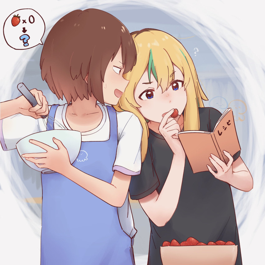 2girls, ?, absurdres, apron, black_shirt, blonde_hair, blue_apron, blue_eyes