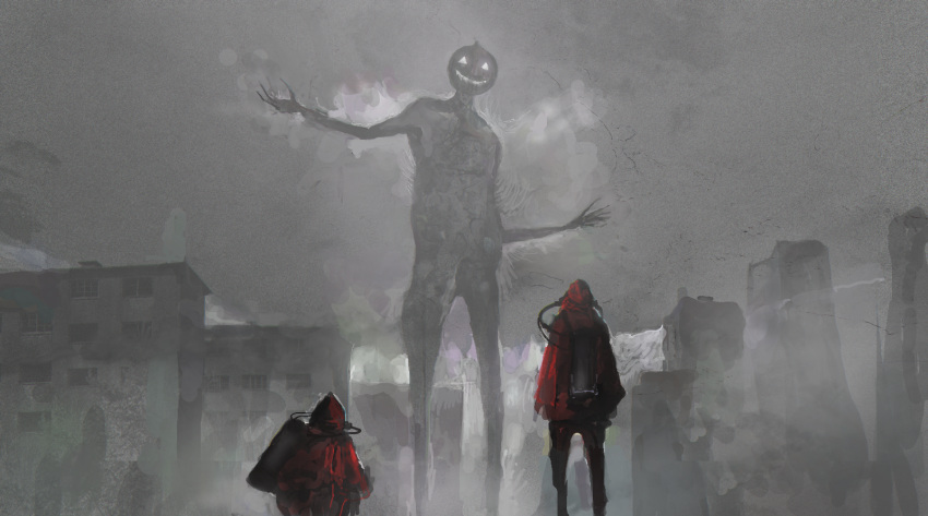 2others, building, cloak, commentary_request, fog, giant, giant_monster, glowing