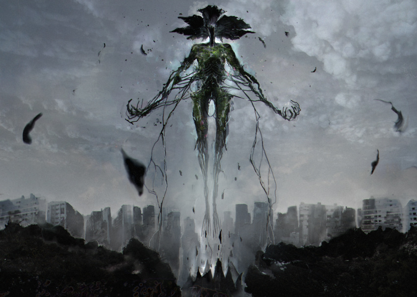 aura, building, debris, destruction, facing_viewer, floating, flower_head, giant