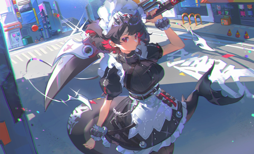 1girl, black_dress, colored_inner_hair, dress, ellen_joe, fins, fish_tail, frilled_wristband