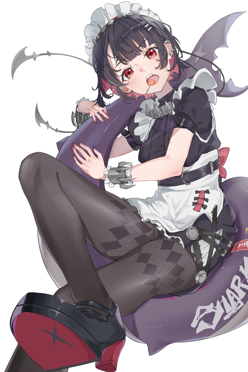 1girl, absurdres, apron, argyle_clothes, argyle_pantyhose, black_dress, black_footwear, black_hair, black_pantyhose, candy, colored_inner_hair, commentary, dress, ellen_joe, fins, fish_tail, food, food_in_mouth, hair_ornament, highres, huan_gogo, lollipop, looking_at_viewer, maid_apron, maid_headdress, mole, mole_under_eye, multicolored_hair, open_mouth, pantyhose, puffy_short_sleeves, puffy_sleeves, red_eyes, redhead, shark_girl, shark_tail, sharp_teeth, short_hair, short_sleeves, simple_background, solo, tail, teeth, waist_apron, white_background, white_headdress, zenless_zone_zero