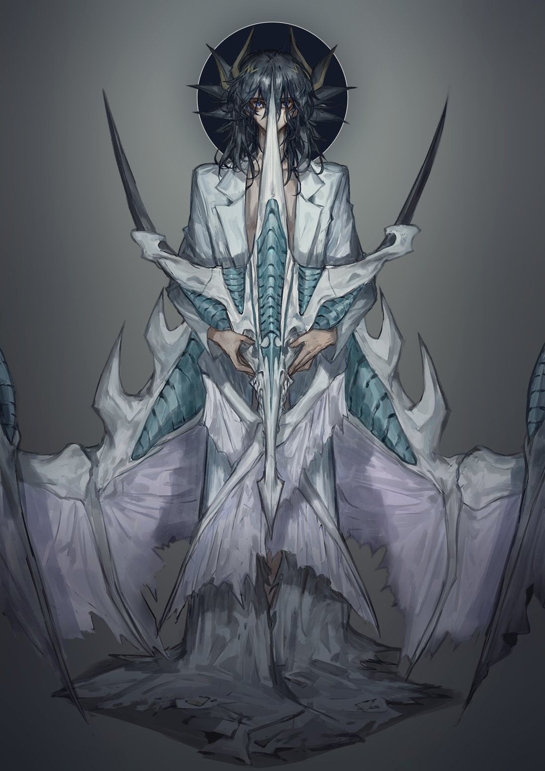 1boy, 1other, black_circle, black_hair, blue_eyes, covering_face, decapitation, display