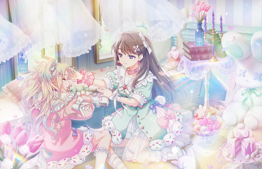 2girls, animal_slippers, aqua_dress, bandaged_leg, bandages, bandaid, bandaid_hair_ornament, bandaid_on_knee, bandaid_on_leg, blonde_hair, bloomers, blue_hair, book, brown_hair, cake, candelabra, candlestand, candy, choker, closed_eyes, coat_dress, curtains, dress, floating_curtains, flower, food, food-themed_clothes, frilled_socks, frills, fujishima_megumi, full_body, game_cg, gradient_hair, hair_ornament, hair_ribbon, hakuchu_a_la_mode, half-closed_eyes, heart_o-ring, heart_ring_choker, highres, light_blue_hair, link!_like!_love_live!, long_hair, long_sleeves, looking_at_another, love_live!, macaron, medium_dress, mira-cra_park!, multicolored_hair, multiple_girls, official_art, open_book, open_mouth, open_window, osawa_rurino, parted_bangs, pink_choker, pink_dress, pink_flower, pink_tulip, puffy_long_sleeves, puffy_short_sleeves, puffy_sleeves, ribbon, short_sleeves, sitting, sleeping, slippers, smile, socks, striped_ribbon, third-party_source, transparent_curtains, tulip, twintails, two_side_up, violet_eyes, virtual_youtuber, white_bloomers, white_footwear, white_ribbon, white_socks, wind, window, wrapped_candy, yokozuwari
