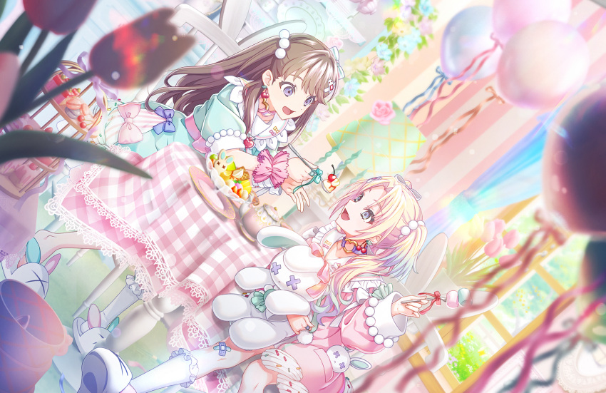 2girls, :<, :d, animal_slippers, aqua_dress, balloon, bandaid, bandaid_hair_ornament