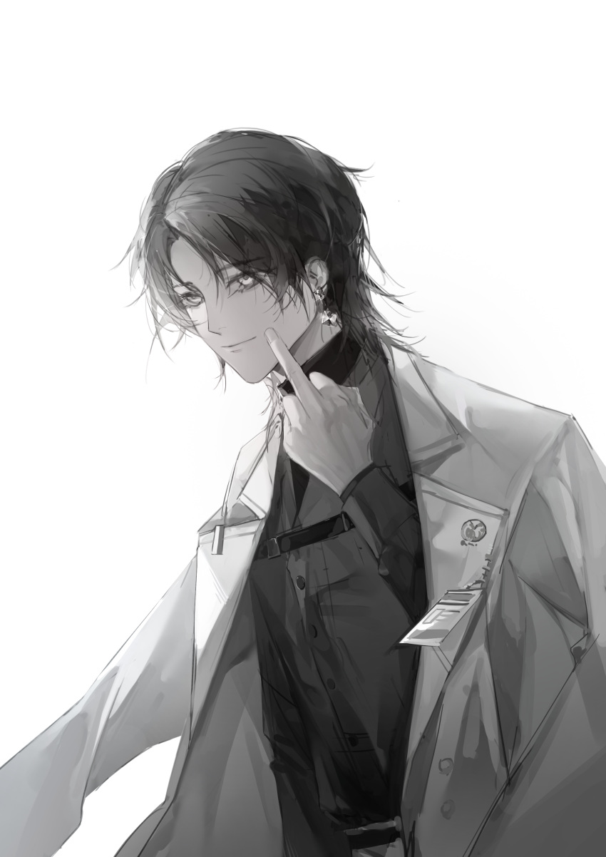 1boy, absurdres, chest_harness, chief_(path_to_nowhere), coat, coat_on_shoulders, collared_shirt, dangle_earrings