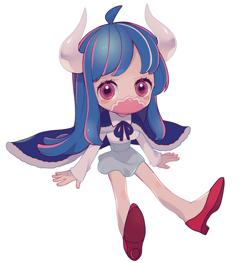 1girl, ahoge, bare_legs, black_ribbon, blue_capelet, blue_hair, blue_skirt, blush