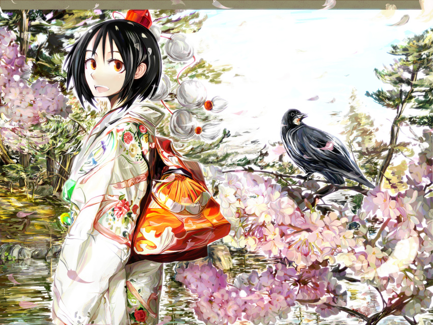 animal, bird, black_hair, flower, hat, japanese_clothes, kuro_kichi, petals