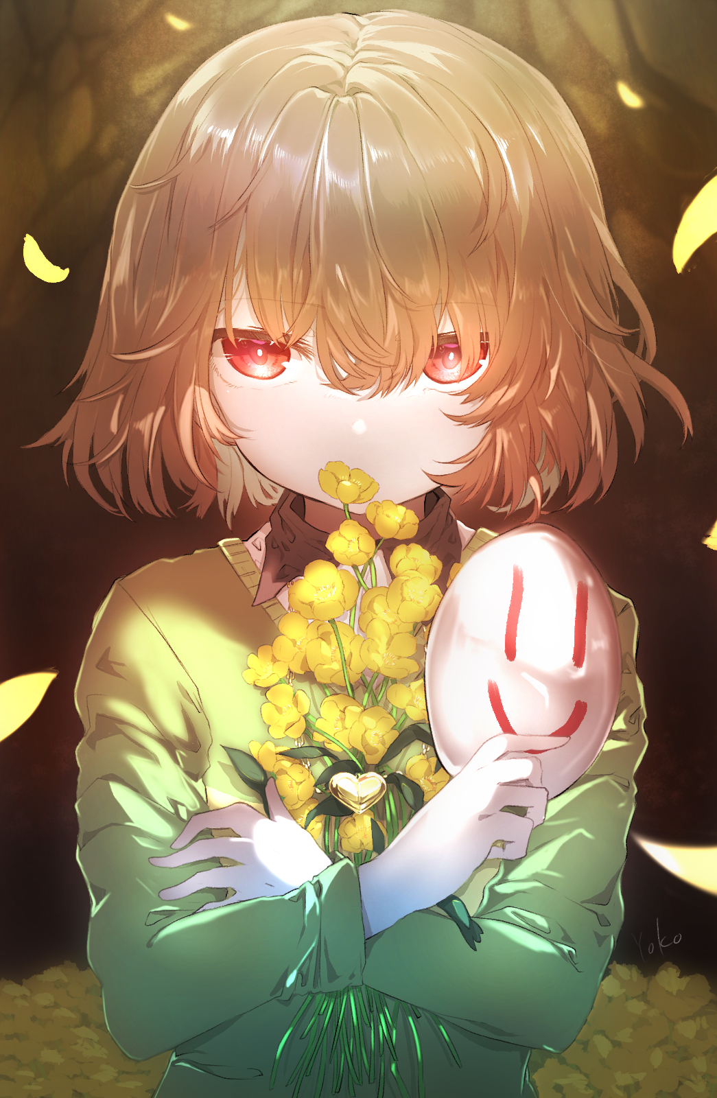 1other, bouquet, brown_hair, brown_shirt, buttercup_(flower), chara_(undertale), closed_mouth, collared_shirt